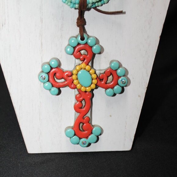 Beautiful Turquoise & Orange Large Cross on Leather Tied to Multi Bead Necklace - Picture 2 of 11